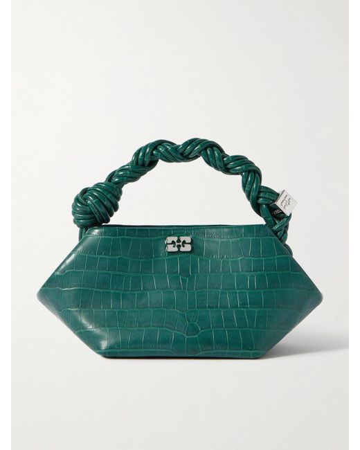 Ganni Green Bou Embellished Braided Croc-Effect Recycled-Leather Shoulder Bag