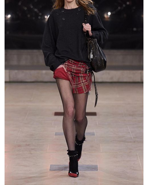 Isabel Marant Red Gisen Belt-Detailed Draped Checked Cotton Mini Skirt