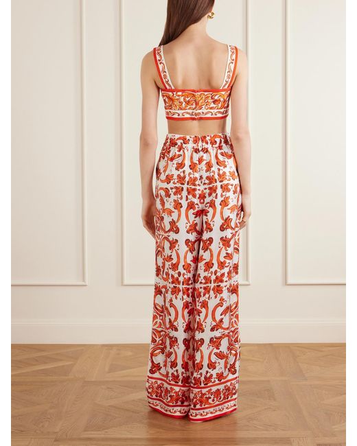 Dolce & Gabbana White Printed Silk-Twill Wide-Leg Pants