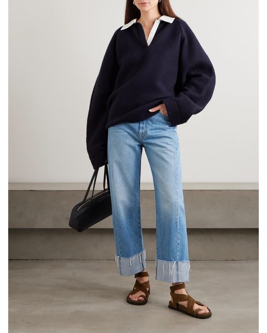 Mother Blue The Half Pipe Ankle Cuff Fray High-Rise Wide-Leg Jeans