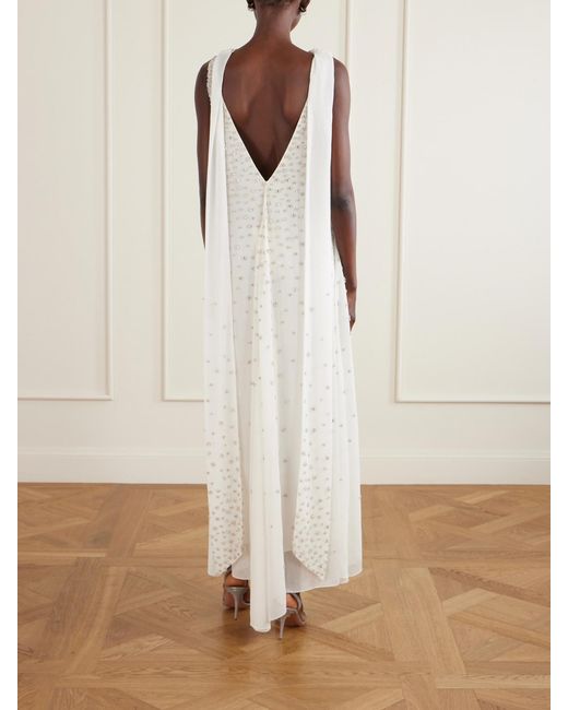 Clio Peppiatt White Kaia Scarf-Detailed Crystal-Embellished Crinkled-Chiffon Gown