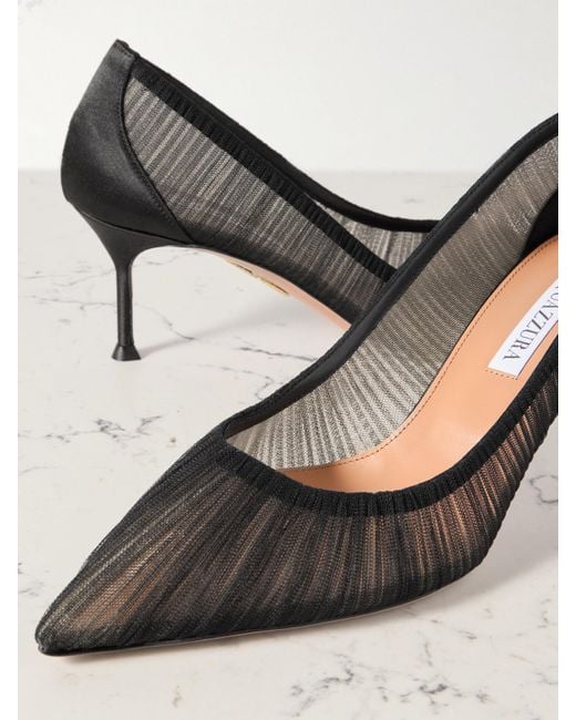 Aquazzura Gray 65 Satin-Trimmed Ruched Tulle Point-Toe Pumps
