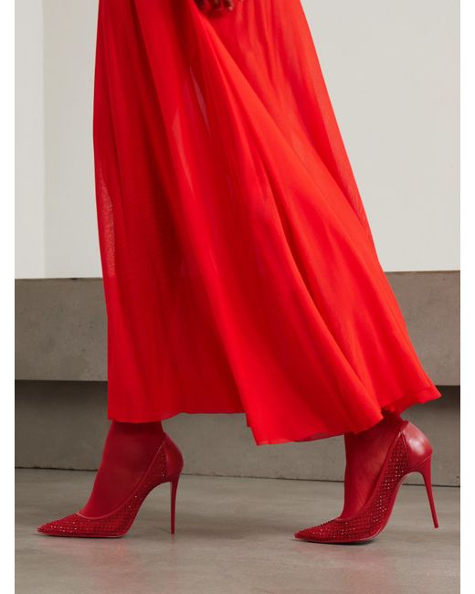 Christian Louboutin Red Sporty Kate 100 Crystal-Embellished Leather-Trimmed Mesh Pumps