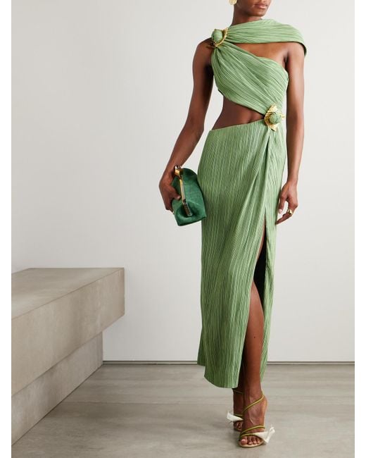 Cult Gaia Loah Asymmetric Cutout Embellished Pliss-Chiffon Midi Dress in  Green | Lyst