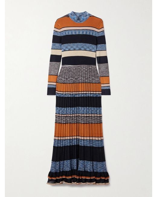 Ulla Johnson Blue Evangeline Striped Pleated Metallic-Knit Turtleneck Maxi Dress