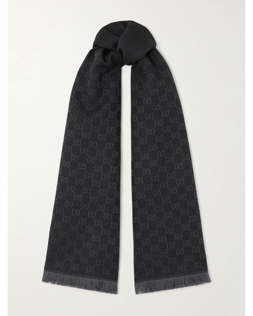 Gucci Black Frayed Wool-Jacquard Scarf