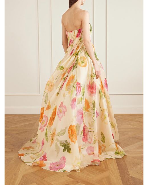 Carolina Herrera Multicolor Strapless Draped Floral-Print Silk-Organza Gown