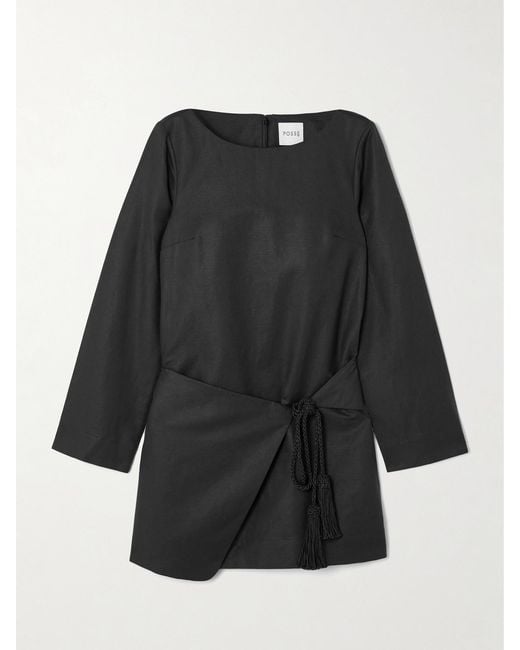 Posse Black Yvette Tie-Detailed Draped Linen And Cotton-Blend Mini Dress