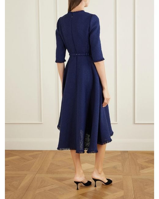Oscar de la Renta Blue Embellished Tweed Midi Dress