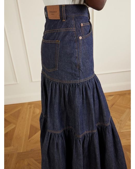 Saint Laurent Blue Tiered Denim Maxi Skirt