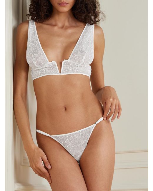 Kiki de Montparnasse White Ange Sequin-Embellished Embroidered Tulle Thong