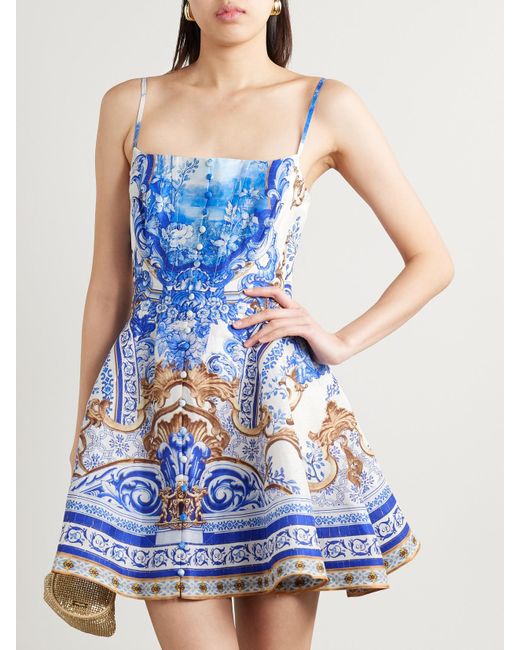 Camilla Blue Pleated Printed Linen And Silk-Blend Mini Dress
