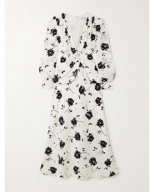 Alessandra Rich White Embellished Pleated Floral-Print Silk Crepe De Chine Midi Dress
