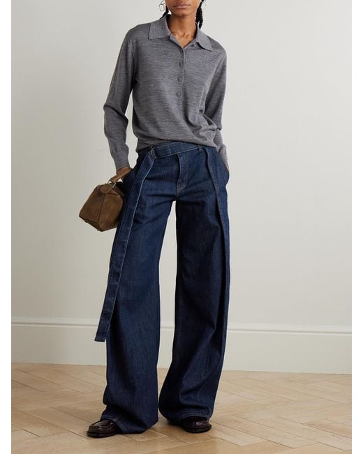 Loewe Blue Belted Pleated High-Rise Wide-Leg Jeans