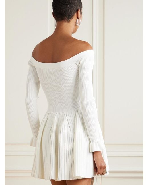 Self-Portrait Natural Off-The-Shoulder Pleated Ribbed-Knit Mini Dress