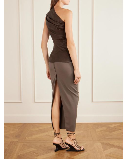 Rick Owens Brown Athena One-Shoulder Leather And Cotton-Blend Tank