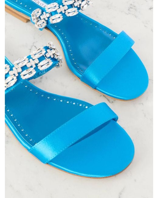 Manolo Blahnik Blue Sakota Crystal-Embellished Satin Flats
