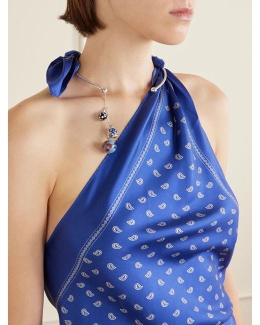 Christopher Esber Blue One-Shoulder Embellished Bandana-Print Silk Top