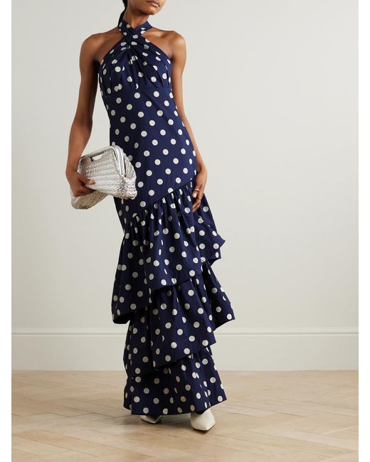 Cara Cara Blue Perla Ruffled Polka-Dot Cotton-Poplin Halterneck Maxi Dress