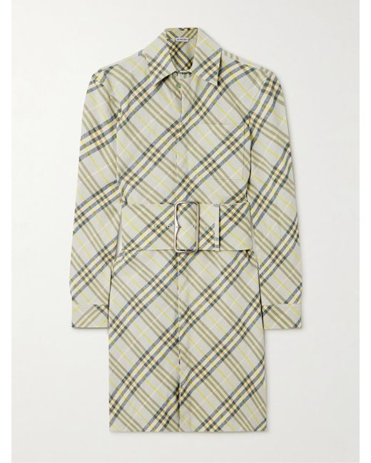 Burberry White Mini-Hemdblusenkleid Aus Einer Karierten Leinenmischung Mit Gürtel