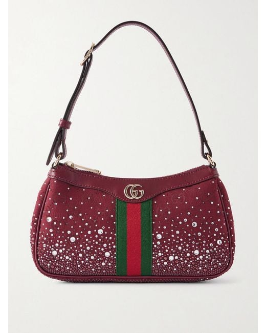 Gucci Red Ophidia Schultertasche Aus Canvas Mit Jacquard-Muster Mit Lederbesätzen Und Kristallen