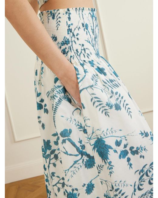 Erdem Blue Shirred Floral-Print Cotton And Linen-Blend Midi Skirt