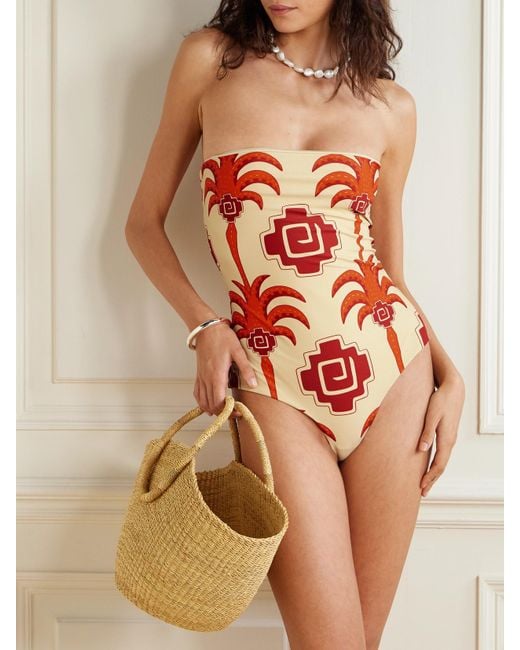 Johanna Ortiz Red Alta Mar Strapless Printed Recycled Swimsuit