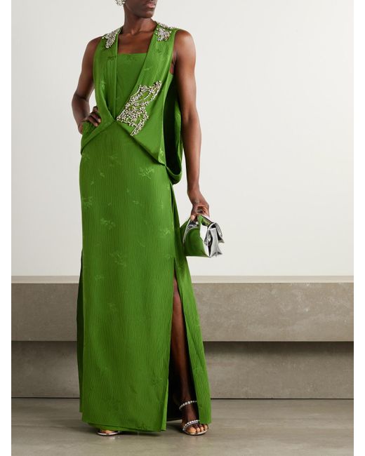 Erdem Green Crystal-Embellished Silk And Cotton-Blend Jacquard Gown