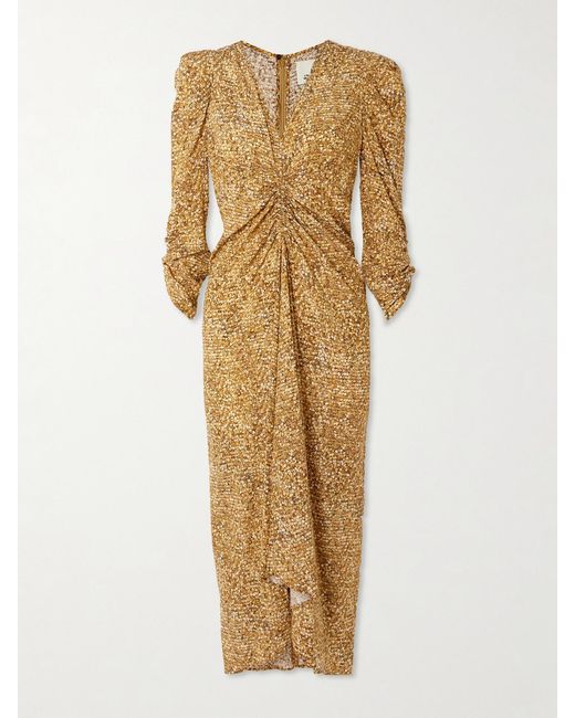 Isabel Marant Metallic Albini Printed Gathered Silk-Blend Midi Dress