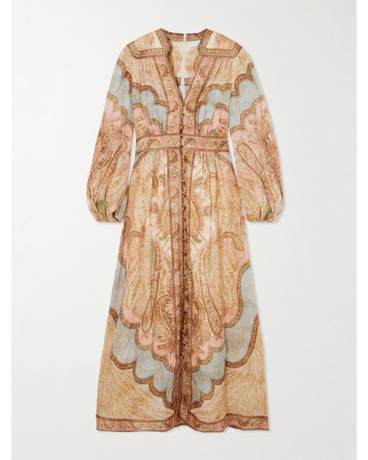Zimmermann Women's Natural Wanderlust Gathered Printed Linen Midi Dress