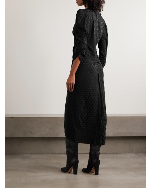 Isabel Marant Black Albini Gathered Polka-Dot Stretch-Silk Jacquard Midi Dress