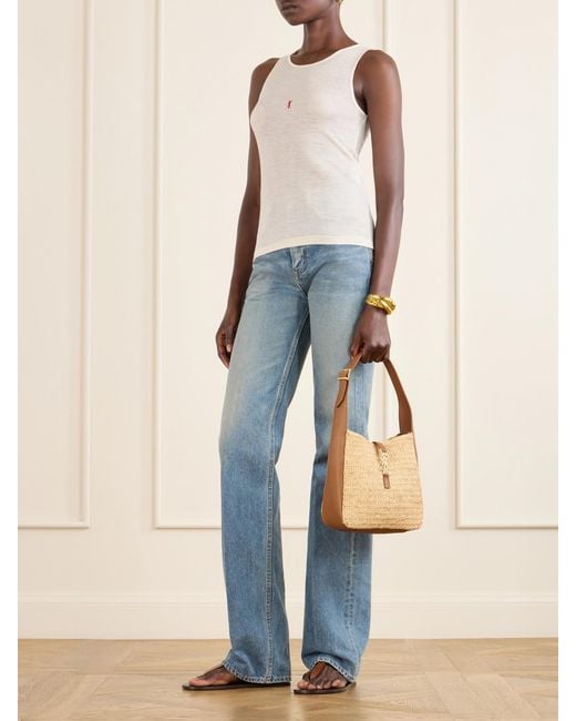 Saint Laurent Natural Le 5 À 7 Bea Small Leather-Trimmed Raffia Shoulder Bag