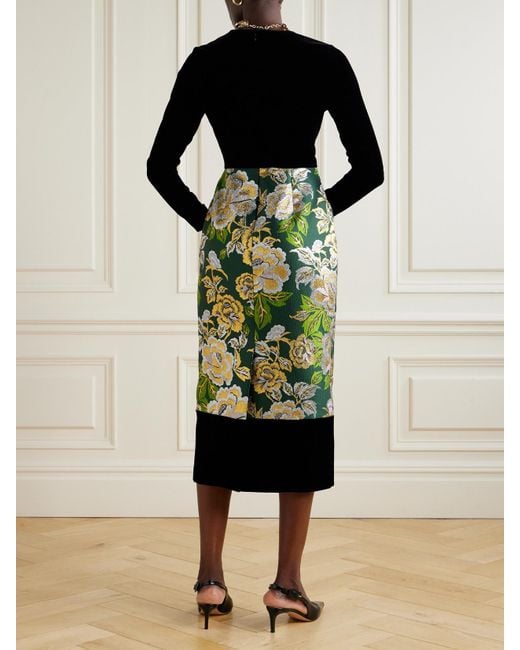 Carolina Herrera Green Velvet And Floral-Jacquard Midi Dress