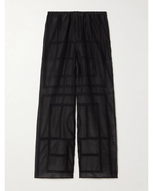 Pantalon Large En Voile De Coton Biologique Et De Soie Mélangés À Broderies Totême  en coloris Black