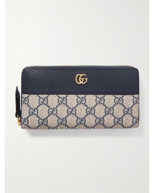 Gucci Blue Gg Marmont Textured-Leather And Printed Coated-Canvas Wallet