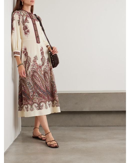 Etro Natural Picot-Trimmed Paisley-Print Crepe Midi Shirt Dress