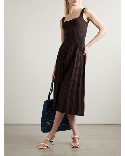 Staud Brown Ellison Pleated Ribbed-Knit Midi Dress
