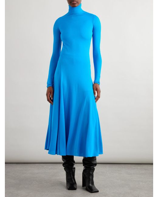 Alaïa Blue Open-Back Jersey Turtleneck Midi Dress