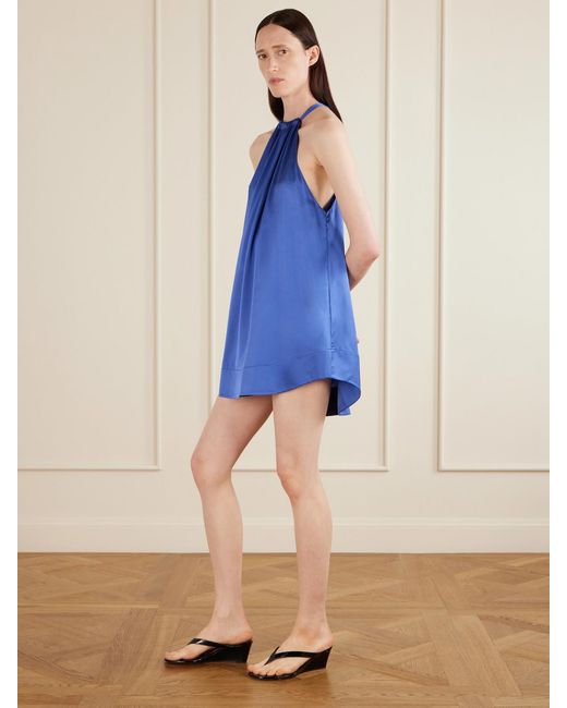 Aflalo Blue Bexley Gathered Silk-Satin Halterneck Mini Dress