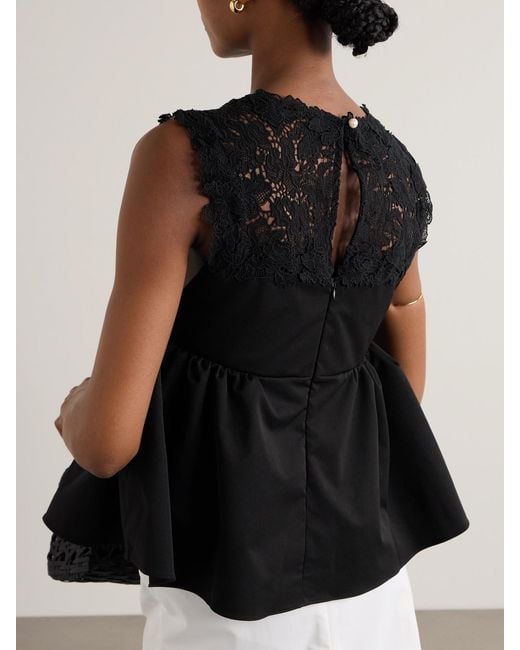 Kika Vargas Black Ivonne Guipure Lace-Trimmed Twill Peplum Top