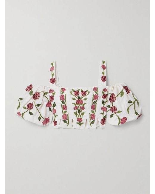 Haut Épaules Nues Raccourci En Lin À Appliqués Et À Broderies Época Agua Bendita en coloris Metallic