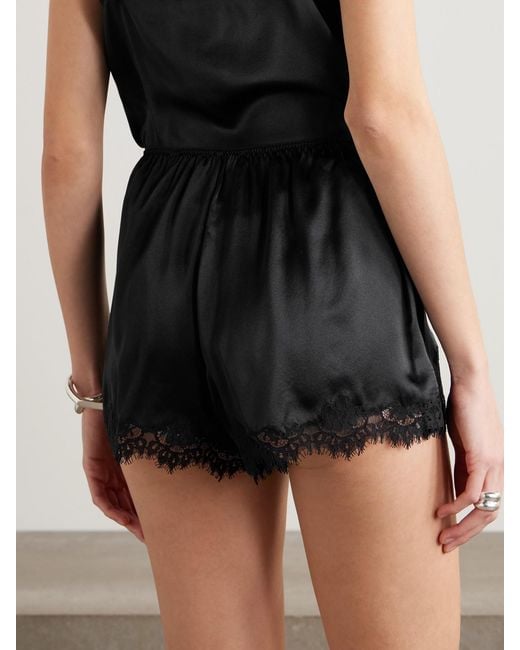 Doen Black Iona Lace-Trimmed Silk-Satin Shorts