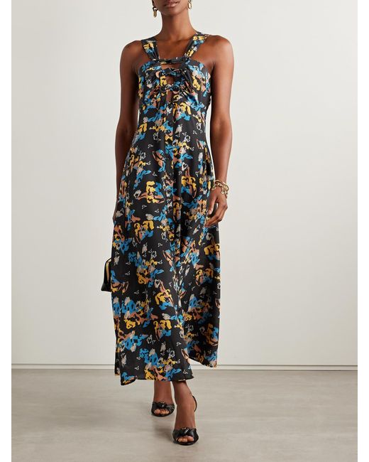 Maison Mayle Blue Patapan Cutout Printed Silk-Crepe Midi Dress
