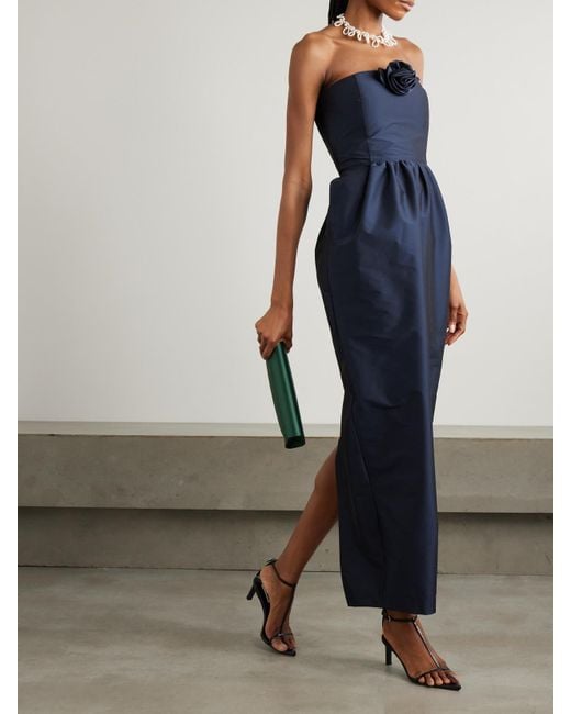 BERNADETTE Blue Lena Strapless Appliquéd Taffeta Maxi Dress