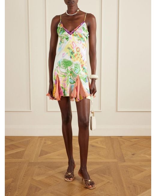 Donde Esteban Green Sonido Bestial Ruffled Lace-Trimmed Printed Silk-Blend Satin And Chiffon Mini Dress