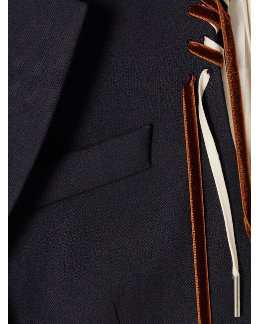 Dries Van Noten Blue Fringed Grosgrain And Velvet-Trimmed Herringbone Wool Vest