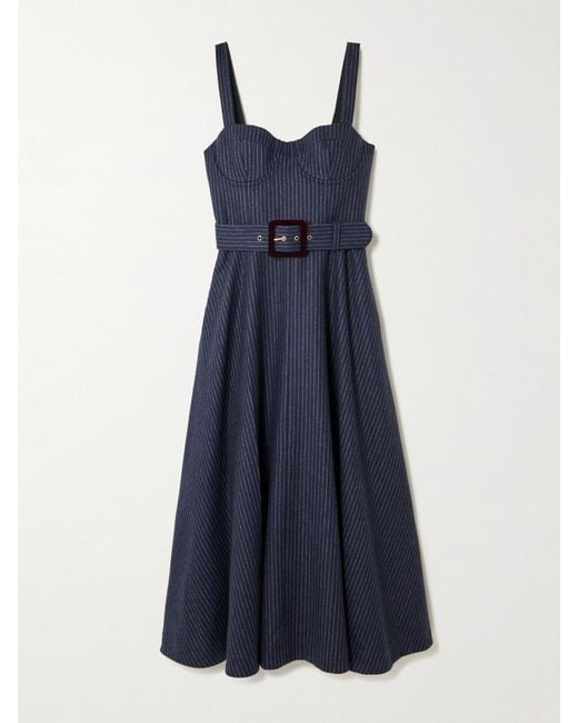 Cara Cara Blue Calypso Midikleid Aus Einer Wollmischung Mit Nadelstreifen, Gürtel Und Raffungen