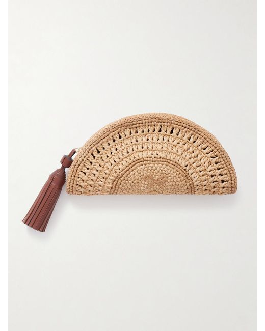 Anya Hindmarch Natural Half Moon Bow Tasseled Leather-Trimmed Raffia Clutch