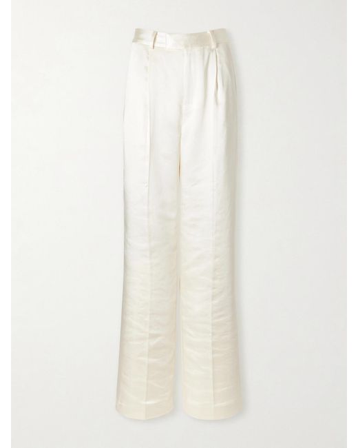Self-Portrait White Pleated Satin Straight-Leg Pants