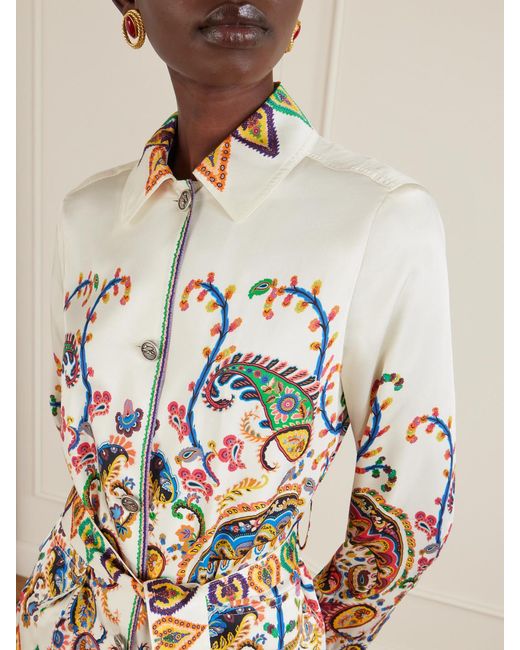 Etro White Safari Belted Paisley-Print Satin-Twill Jacket